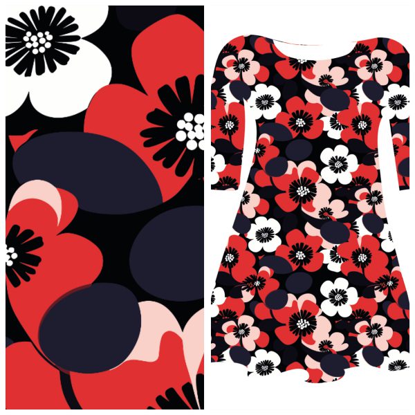 Pre-order: Bobbeez Rood/wit/zwart bloem - katoen tricot