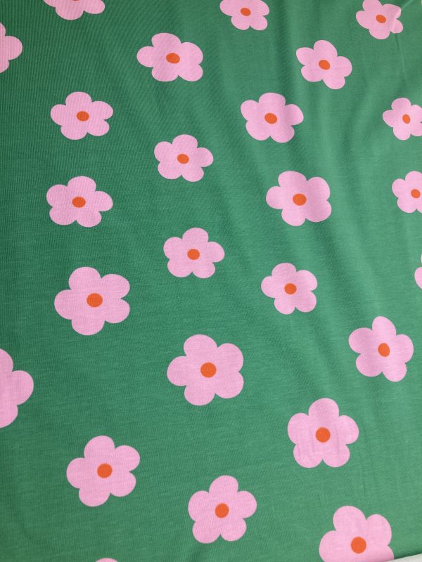 Bloemetjes groen roze - katoen tricot